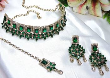 Green yellow gold premium designer american diamond and stone work necklace set 3