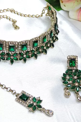 Green yellow gold premium designer american diamond and stone work necklace set