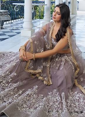 Brown Net Embroidered & Thread Work Semi Stitched Lehenga Choli 2
