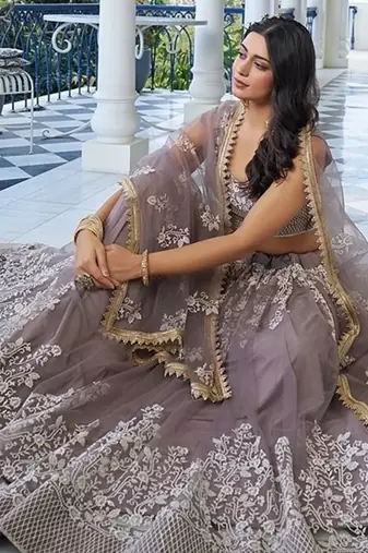Brown Net Embroidered & Thread Work Semi Stitched Lehenga Choli