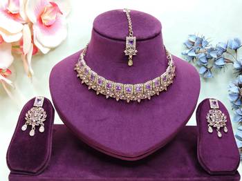 Purple yellow gold premium designer american diamond and stone work necklace set 1