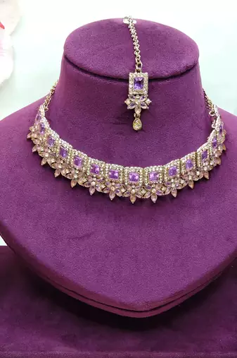 Purple yellow gold premium designer american diamond and stone work necklace set