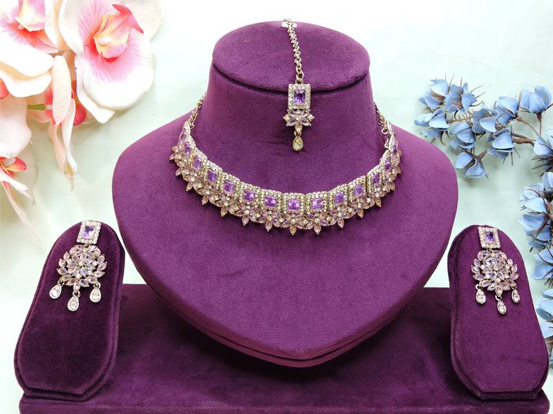Purple yellow gold premium designer american diamond and stone work necklace set