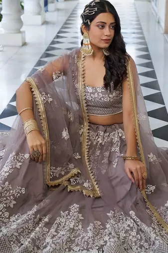 Brown Net Embroidered & Thread Work Semi Stitched Lehenga Choli