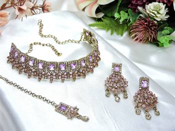 Purple yellow gold premium designer american diamond and stone work necklace set 2