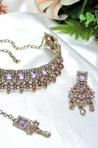 Purple yellow gold premium designer american diamond and stone work necklace set