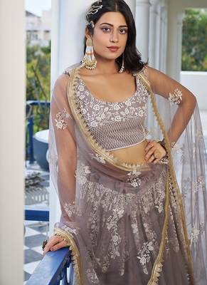 Brown Net Embroidered & Thread Work Semi Stitched Lehenga Choli 4