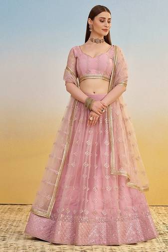 Pink Net Embroidered & Thread Work Semi Stitched Lehenga Choli