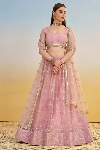 Pink Net Embroidered & Thread Work Semi Stitched Lehenga Choli
