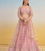 Pink Net Embroidered & Thread Work Semi Stitched Lehenga Choli