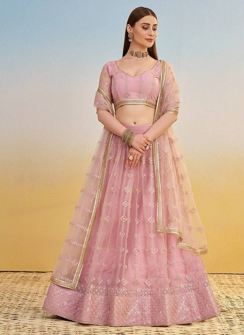 Pink Net Embroidered & Thread Work Semi Stitched Lehenga Choli