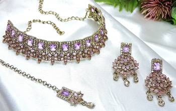 Purple yellow gold premium designer american diamond and stone work necklace set 3