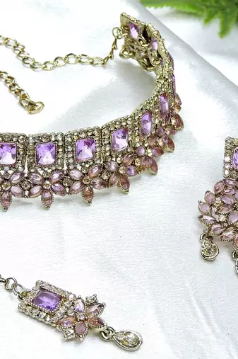 Purple yellow gold premium designer american diamond and stone work necklace set