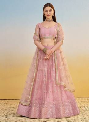 Pink Net Embroidered & Thread Work Semi Stitched Lehenga Choli 2