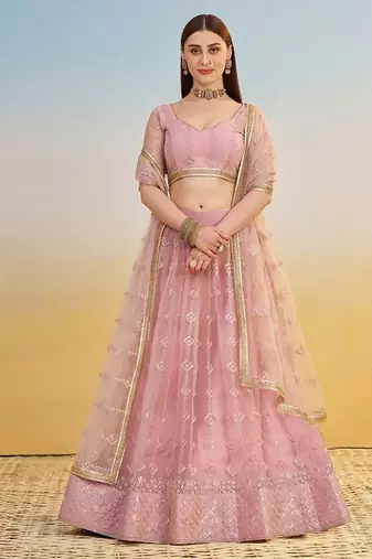 Pink Net Embroidered & Thread Work Semi Stitched Lehenga Choli