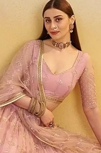 Pink Net Embroidered & Thread Work Semi Stitched Lehenga Choli