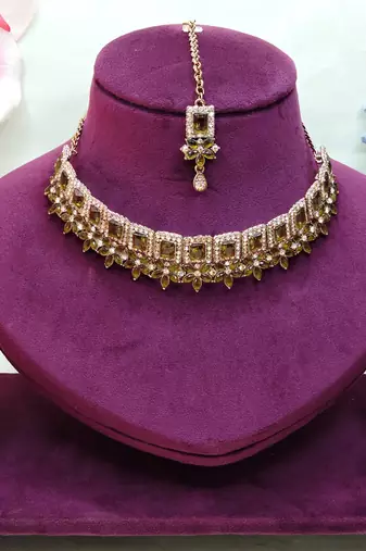 Green yellow gold premium designer american diamond and stone work necklace set