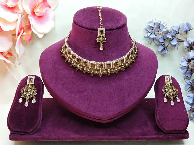 Green yellow gold premium designer american diamond and stone work necklace set