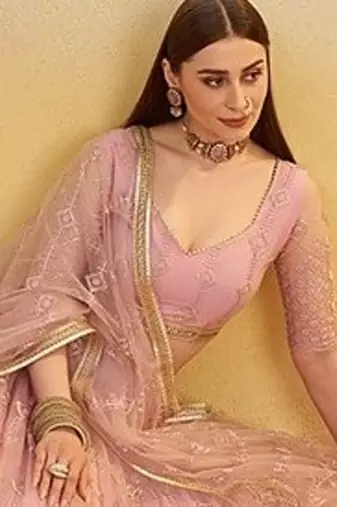 Pink Net Embroidered & Thread Work Semi Stitched Lehenga Choli