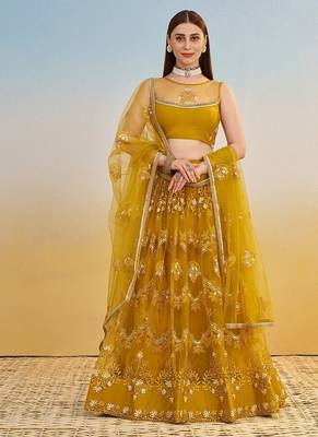 Mustard Net Embroidered & Thread Work Semi Stitched Lehenga Choli 1