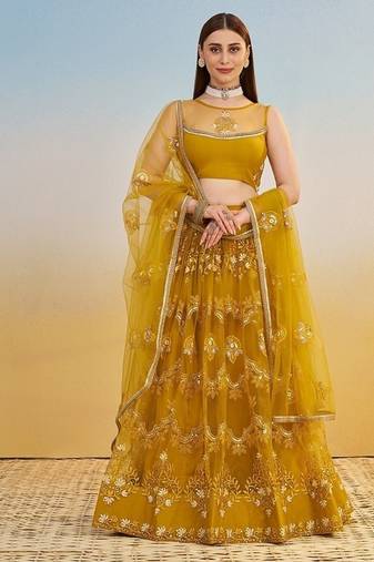 Mustard Net Embroidered & Thread Work Semi Stitched Lehenga Choli