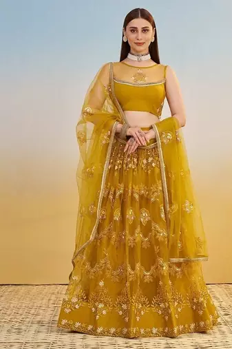 Mustard Net Embroidered & Thread Work Semi Stitched Lehenga Choli
