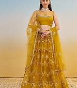 Mustard Net Embroidered & Thread Work Semi Stitched Lehenga Choli