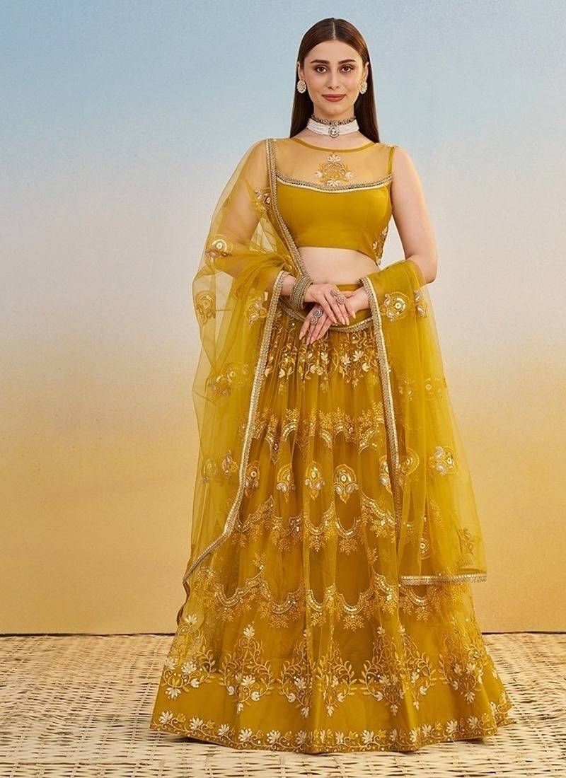 Mustard Net Embroidered & Thread Work Semi Stitched Lehenga Choli