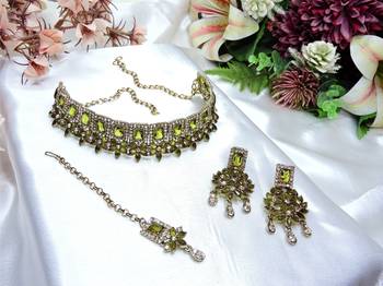 Green yellow gold premium designer american diamond and stone work necklace set 2