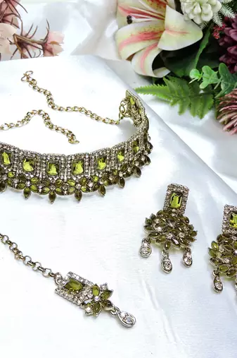 Green yellow gold premium designer american diamond and stone work necklace set