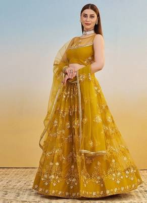 Mustard Net Embroidered & Thread Work Semi Stitched Lehenga Choli 2