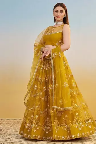 Mustard Net Embroidered & Thread Work Semi Stitched Lehenga Choli
