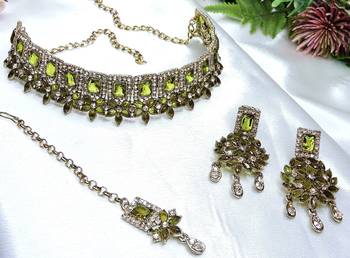 Green yellow gold premium designer american diamond and stone work necklace set 3