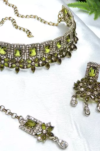 Green yellow gold premium designer american diamond and stone work necklace set