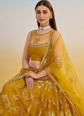 Mustard Net Embroidered & Thread Work Semi Stitched Lehenga Choli 4