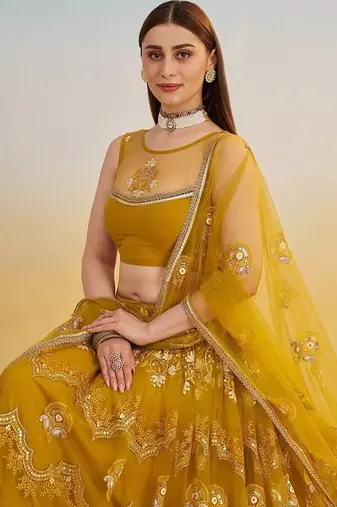 Mustard Net Embroidered & Thread Work Semi Stitched Lehenga Choli