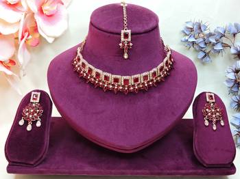 Maroon yellow gold premium designer american diamond and stone work necklace set 1