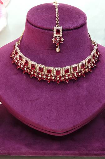 Maroon yellow gold premium designer american diamond and stone work necklace set