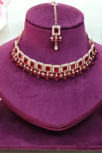 Maroon yellow gold premium designer american diamond and stone work necklace set
