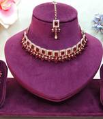 Maroon yellow gold premium designer american diamond and stone work necklace set