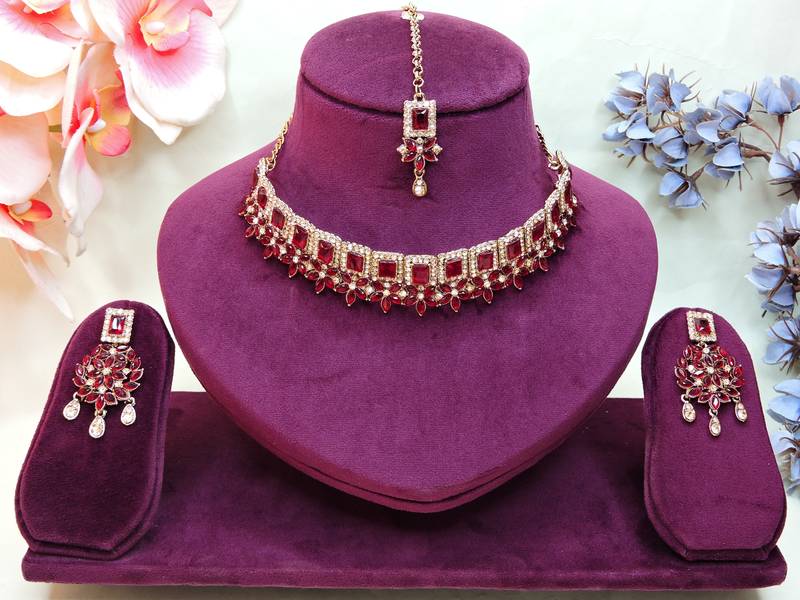 Maroon yellow gold premium designer american diamond and stone work necklace set