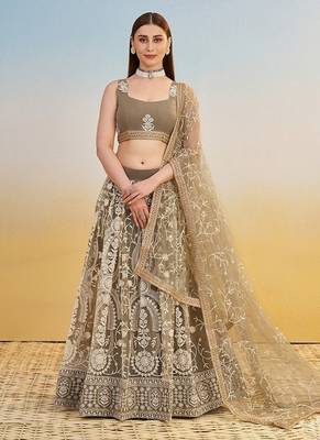 Ivory Net Embroidered & Thread Work Semi Stitched Lehenga Choli 1