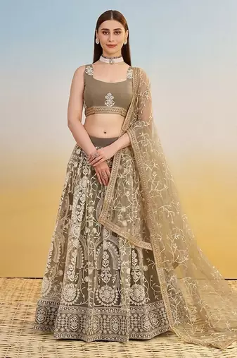 Ivory Net Embroidered & Thread Work Semi Stitched Lehenga Choli