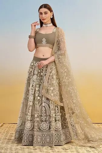 Ivory Net Embroidered & Thread Work Semi Stitched Lehenga Choli