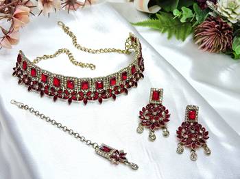 Maroon yellow gold premium designer american diamond and stone work necklace set 2