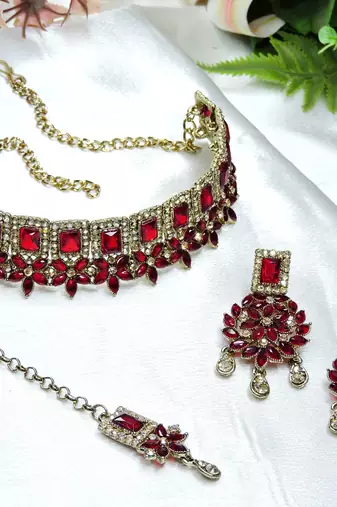 Maroon yellow gold premium designer american diamond and stone work necklace set
