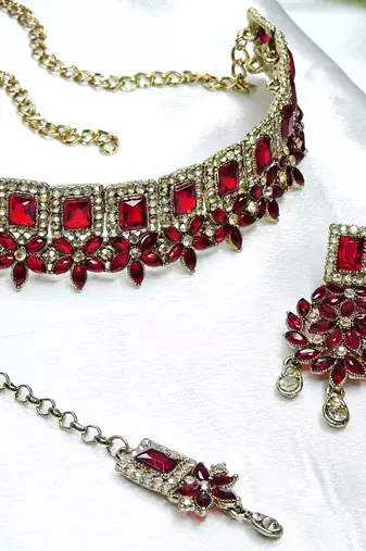 Maroon yellow gold premium designer american diamond and stone work necklace set