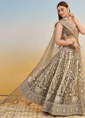 Ivory Net Embroidered & Thread Work Semi Stitched Lehenga Choli 4