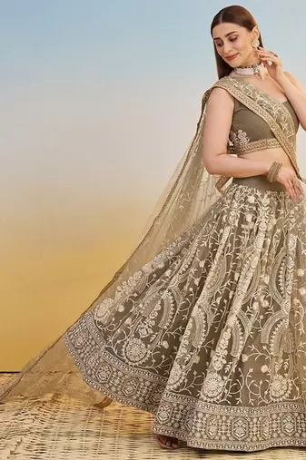 Ivory Net Embroidered & Thread Work Semi Stitched Lehenga Choli