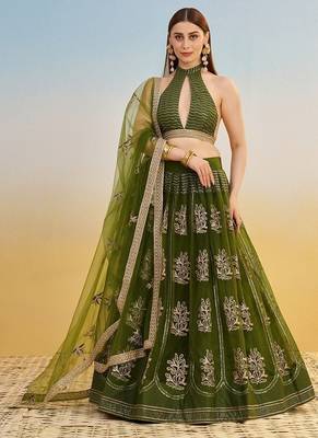 Green Net Embroidered & Thread Work Semi Stitched Lehenga Choli 1